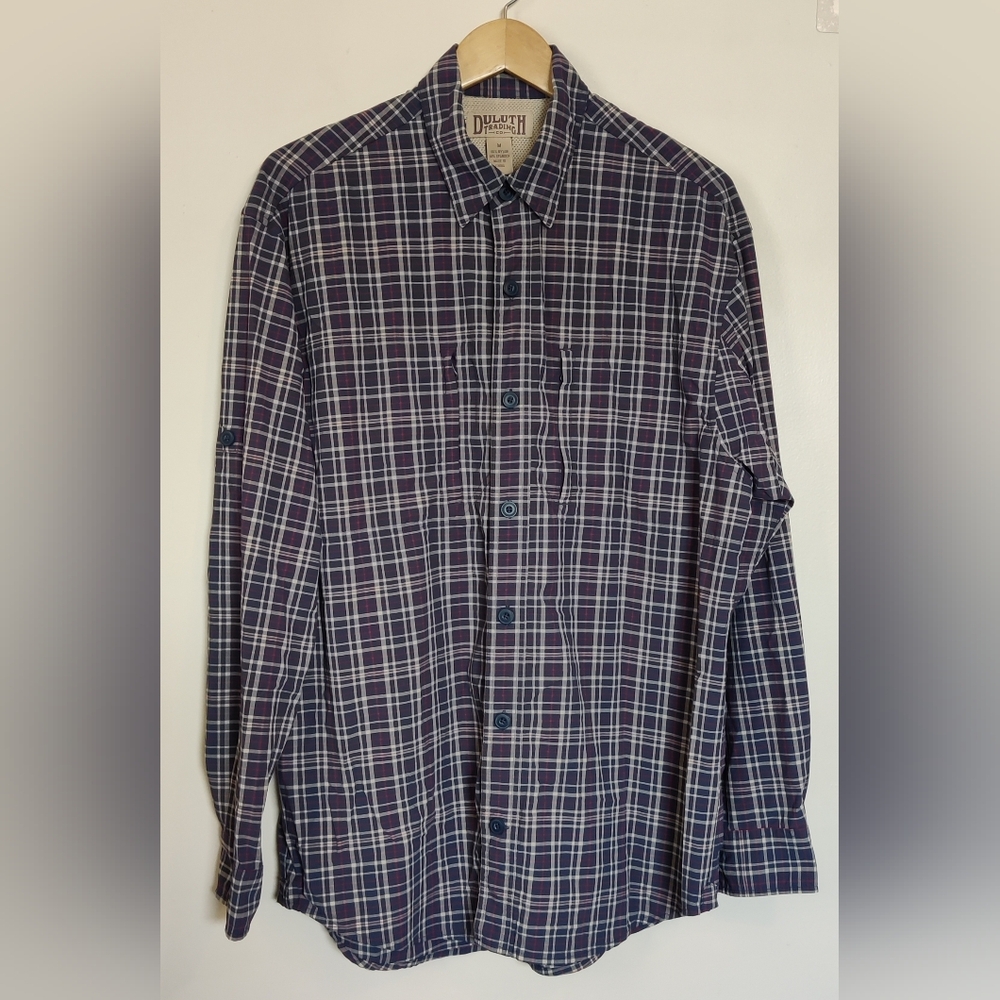 Duluth Trading Co Mens M Blue Plaid Ventilated Hiking Fishing Long Sleeve Shirt